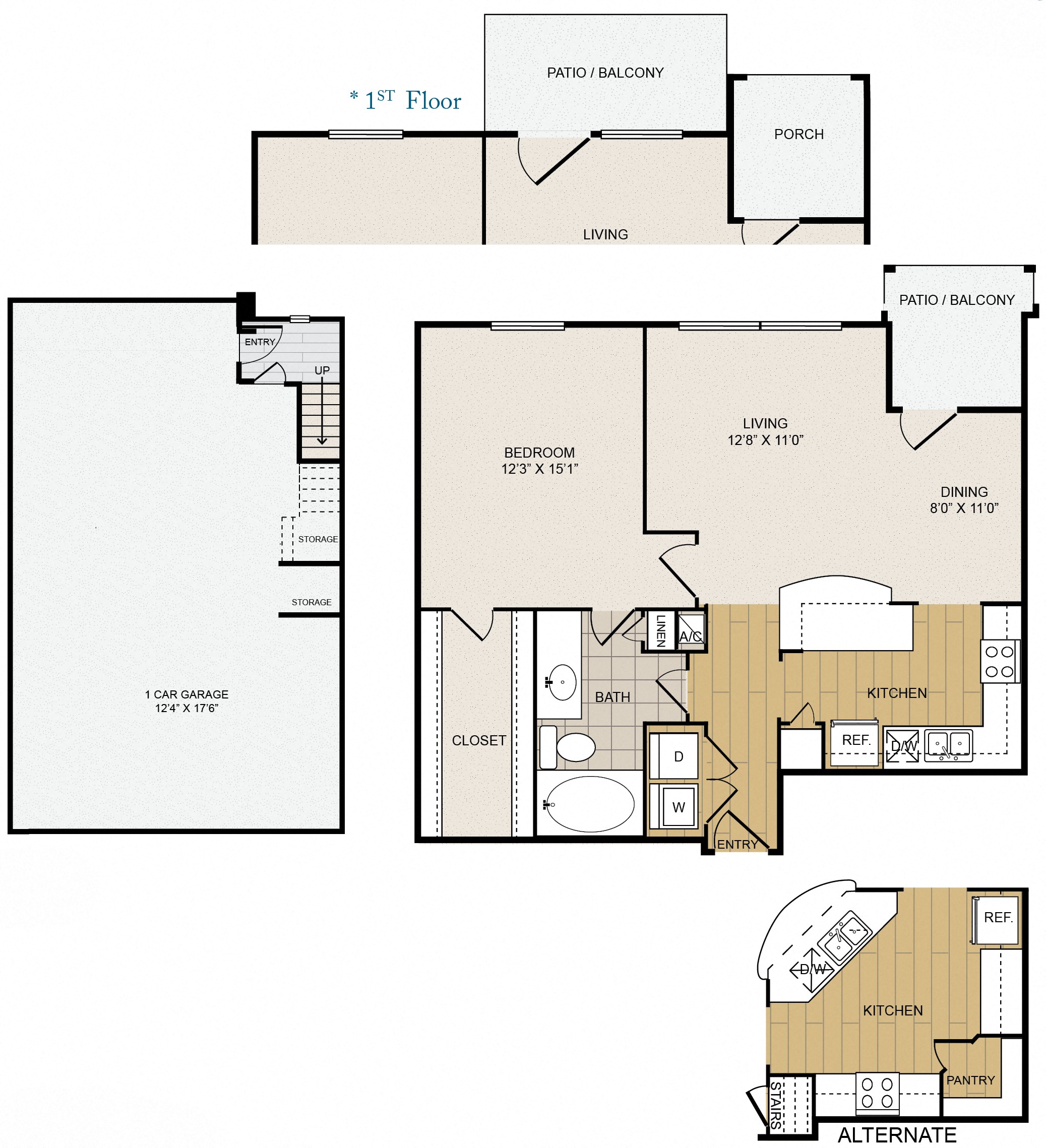 Floor plan for 1 bed, 1 bath, 904 sqft